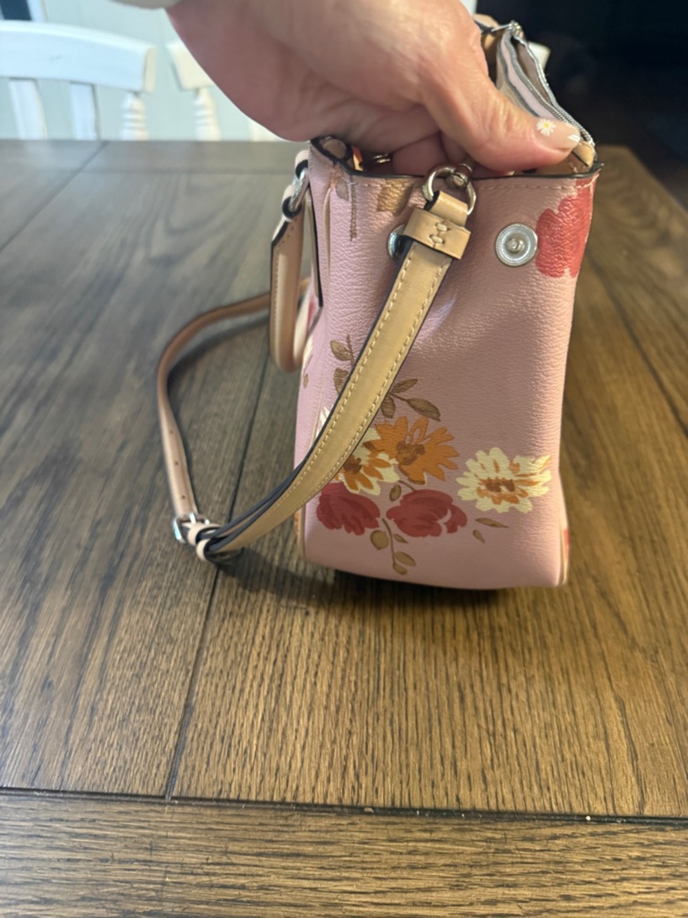Coach Pink Floral Leather Satchel with Red & Yellow Blooms - Picture 10 of 10